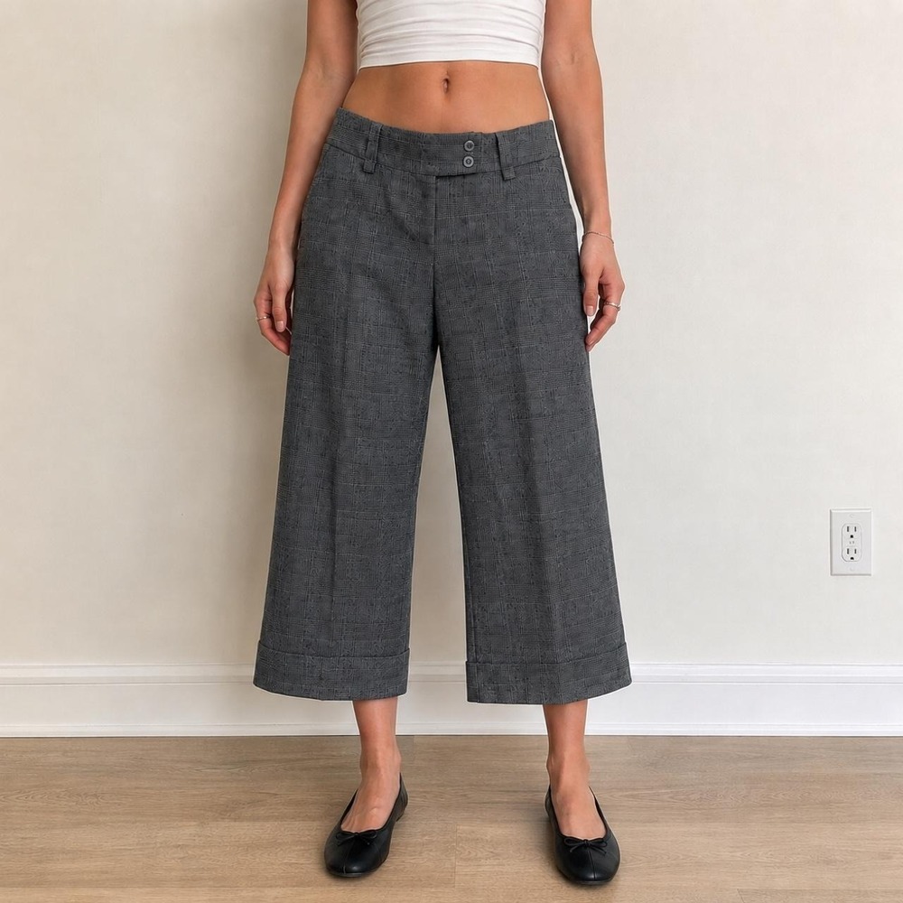 RW & Co Grey Plaid Wool Wide Leg Culotte Crop Pants Women 8 Office Dark Academia
